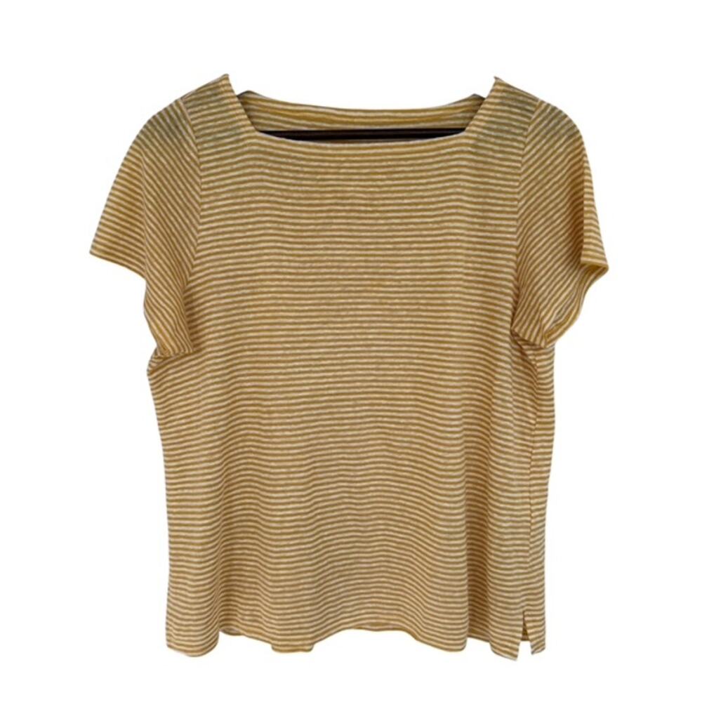 Eileen Fisher Yellow and White Striped Square Neck Linen Tee Medium